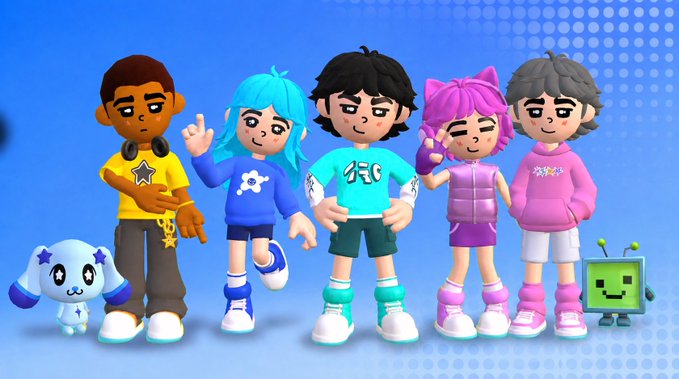 A group of five colorful cartoon-style characters and a small robot/dog character posing together against a blue background.