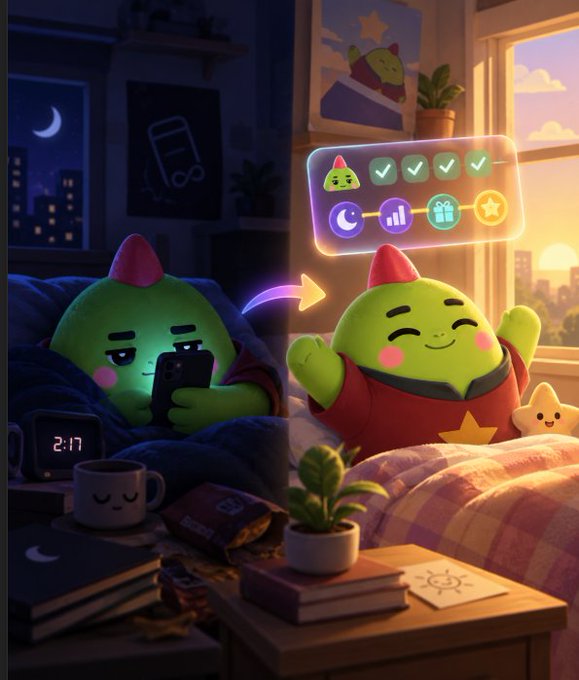 A split illustration showing a green star-headed character: on the left, looking tired while using a phone in a dark room at 2:17, and on the right, smiling cheerfully in daylight with a glowing checklist and rewards above.