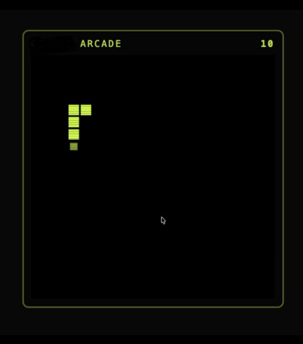 A screenshot of a snake-like arcade game, similar to the classic Snake game, with green blocks on a black screen and a cursor visible. The top displays 'ARCADE' and '10'.