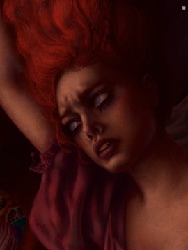 A stylized digital painting of a woman with vibrant red hair lying down, her eyes rendered as blank white orbs in a dark, moody setting.