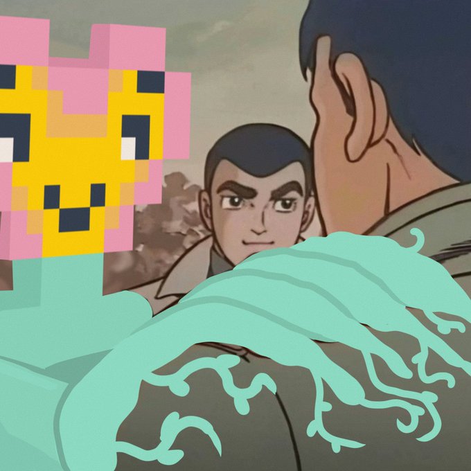 A scene from the animated series Avatar: The Last Airbender featuring Sokka holding a pixelated ham and waterbending over the shoulder of another character.