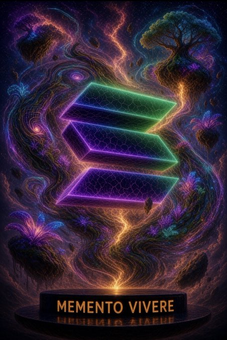 A vibrant, psychedelic digital artwork featuring a glowing neon green and purple 3D Solana logo floating above a pedestal inscribed with 'MEMENTO VIVERE', surrounded by cosmic, fractal-like organic forms.