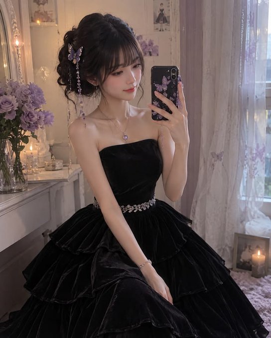 A young woman in an elegant black tiered gown with a jeweled belt, taking a mirror selfie with a butterfly-decorated phone case.