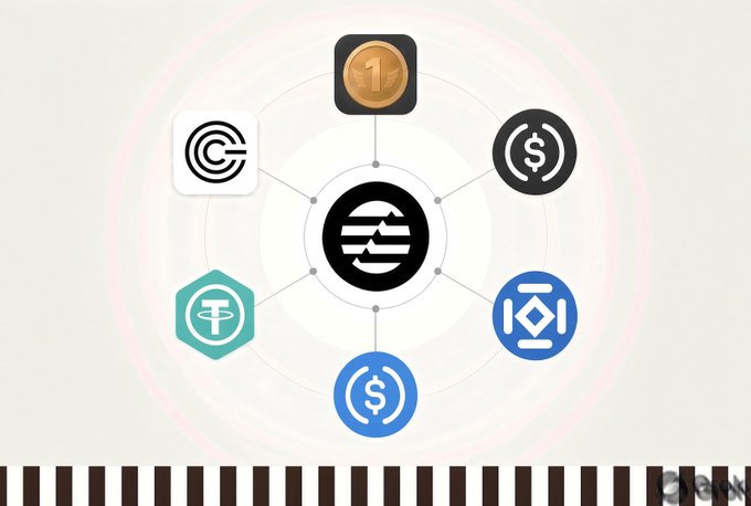 An illustration showing a central black and white striped logo connected by lines to various cryptocurrency and stablecoin icons, including USDC and Tether, positioned above a barcode.
