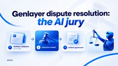 An infographic titled 'Genlayer dispute resolution: the AI Jury' shows three steps: analyze evidence, collective review, and verdict agreement, with a scales of justice icon.