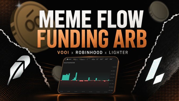 Thumbnail-style graphic titled 'MEME FLOW FUNDING ARB' featuring the logos of VOOI, Robinhood, and Lighter, with a tablet displaying a trading chart in the center.