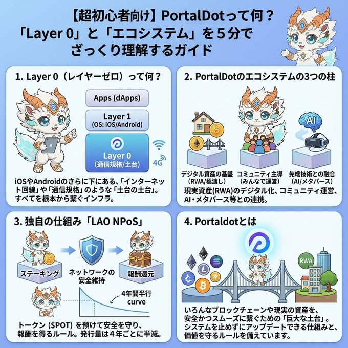 An infographic titled 'PortalDotって何？「Layer 0」と「エコシステム」を5分でざっくり理解するガイド' that uses a dragon mascot to explain blockchain concepts like Layer 0 infrastructure and digital assets.