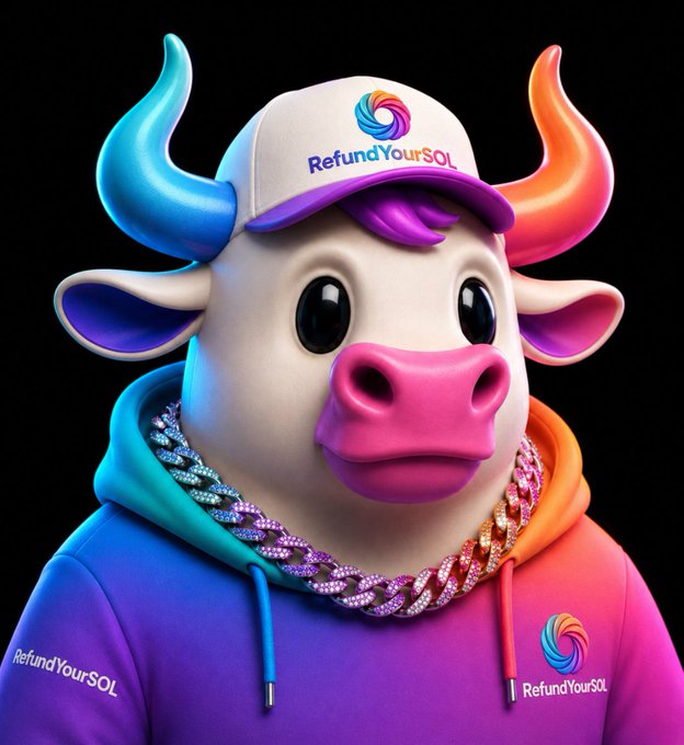 A 3D-rendered cartoon cow character wearing a colorful gradient hoodie and a 'RefundYourSOL' baseball cap, featuring vibrant blue and orange horns and a jeweled chain necklace.