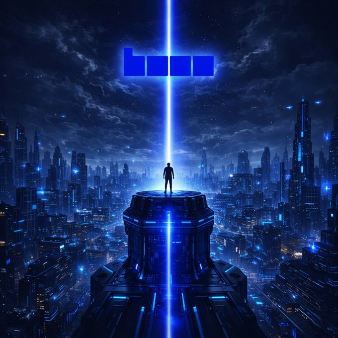 A futuristic sci-fi cityscape at night with a silhouetted figure standing atop a tower, illuminated by a vertical blue light beam with a blue logo above.