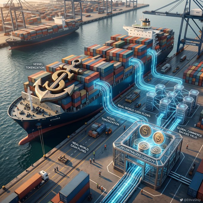 A digital illustration depicting a port scene with large container ships, labeled with terms like 'VESSEL TOKENIZATION,' 'REAL-WORLD CASH FLOWS,' 'DECENTRALIZED LIQUIDITY,' and 'GLOBAL COMMERCE BACKED YIELD,' showing glowing lines connecting ships to blockchain infrastructure.