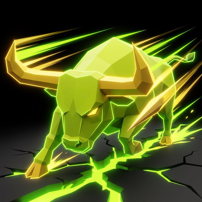 A glowing green and gold geometric bull with sharp horns charges forward, cracking the ground beneath it with radiant energy, visually symbolizing the bullish momentum and explosive "mega run" promised in the $HORNS pump announcement. The contract address "DtK83HpaHULMao5PPRTubJgWFbfxtSsQWbfELRPVpump" appears at the bottom alongside claims of $HORNS flipping $TOAD, $CATE, and $ANSEM.
