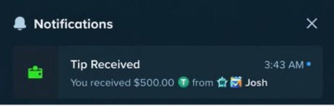 A notification reading "Tip Received: You received $500.00 from Josh" at 3:43 AM, suggesting a large tip was received in connection with the stake.com group promotion mentioned in the post.