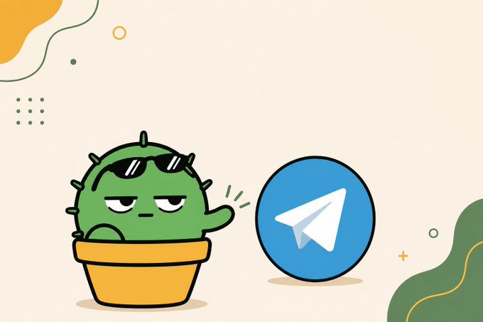 A cartoon illustration shows a green cactus wearing sunglasses, popping out of a terracotta pot next to a blue Telegram logo on a cream background.