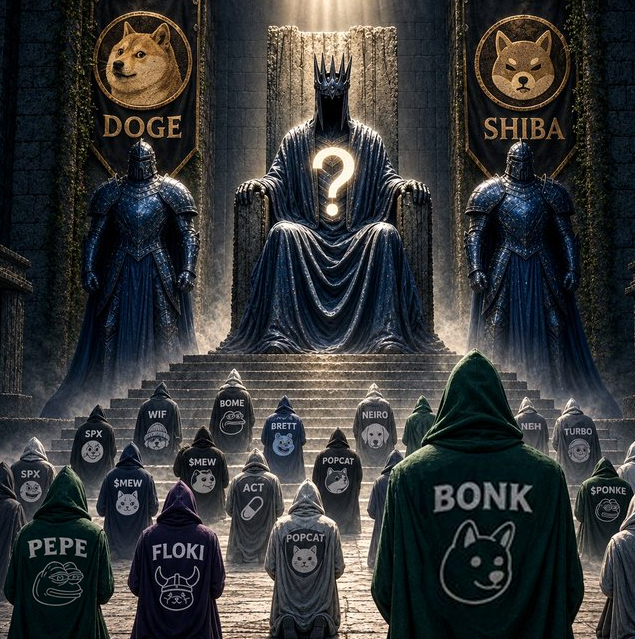 A hooded crypto king sits on a throne guarded by armored knights bearing the DOGE and SHIBA emblems, while hooded figures representing other meme coins like PEPE, FLOKI, BONK, POPCAT, $WIF, $MEW, and SPX gather below awaiting the chosen ruler. The image visually echoes the post's theme of meme coins competing for the throne, with a question mark on the central figure symbolizing the unknown next "king" that could deliver a 1000× gain.