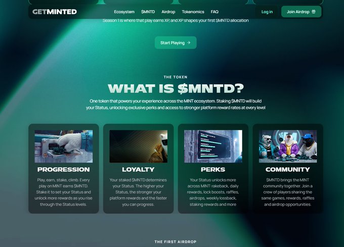 Website screenshot for "GETMINTED" promoting the $MNTD token, highlighting features like Progression, Loyalty, Perks, and Community.