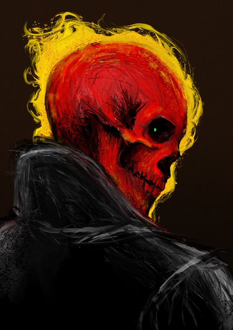 A dramatic digital painting of a menacing red skull-headed figure with glowing green eyes, surrounded by fiery yellow hair against a dark background.