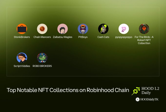 Graphic showcasing 'Top Notable NFT Collections on Robinhood Chain' with logos for StonkBrokers, Chain Mancerse, Zaibatsu Wagies, PitBoys, Cash Cats, pyopyopypypo, For The Birds, Script Kiddies, and ROBO BROKERS, branded with HOOD L2 Daily.
