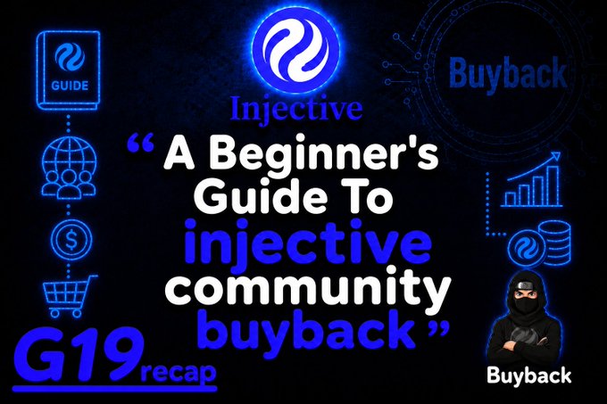 The image presents a blue background with two icons, one of which displays the text "Injective" while the other says "Community Buyback", suggesting a theme related to injection techniques or community-based transactions. On top of these images, there is an infographic that reads "A Beginner's Guide To Injective Community BuyBack", providing information on how to join and participate in this type of community buying process. The post appears to be discussing the concept of community buyback using blue colors and icons, creating a visual representation of what it means and how to engage with it.