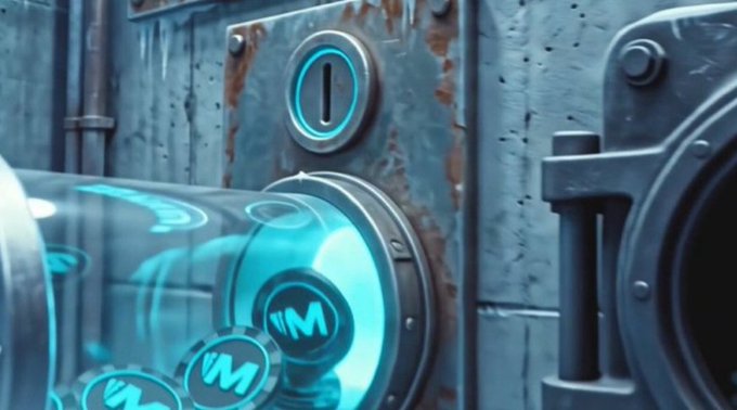 A close-up 3D render depicts a weathered metallic machine featuring a transparent cylindrical chamber with glowing cyan coins bearing a 'VM' logo, alongside a keyhole.