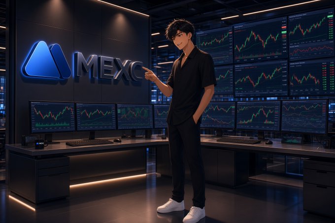 Anime-style illustration of a young man in black clothing pointing at a glowing MEXC logo in front of multiple monitors displaying green and red crypto trading charts.