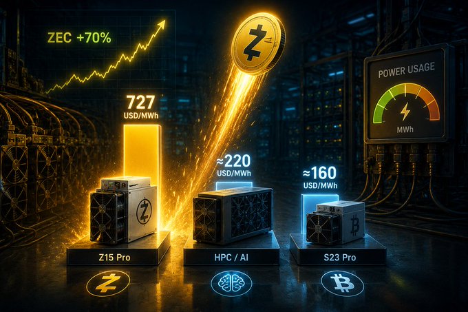 A promotional graphic comparing Zcash (ZEC) mining profitability, showing the Z15 Pro miner producing $727 USD/MWh with a 70% increase, outperforming HPC/AI at ~$220 and Bitcoin's S23 Pro at ~$160.