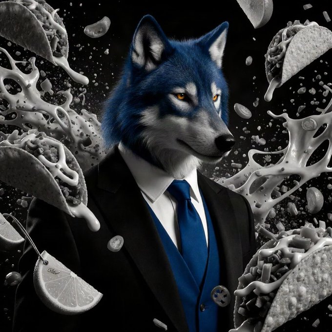 A surreal digital artwork features an anthropomorphic wolf with a blue and white coat, dressed in a sharp black suit and blue tie, surrounded by floating tacos and lime slices splattered with sour cream against a dark background.