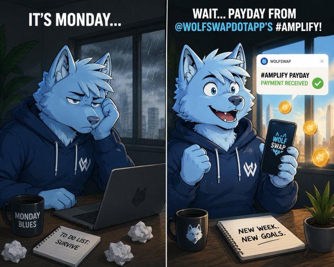 The image features a cartoon depiction of a man sitting at a desk with a laptop, surrounded by various objects such as a cup, a plant, and a book. The scene takes place during the day, with the man appearing to be working or studying while enjoying his coffee. The image also includes text that reads "It's Monday... Wait, payment from #Amplify on @wolfswapdotapp suddenly the mood improves. The week doesn't seem so bad anymore Getting rewarded for creating content never gets old Who'S checking their rewards". This message is related to the post in which the man is waiting for his payday and seems to be enjoying a moment of relaxation or satisfaction while working at his desk with his laptop, surrounded by other objects that contribute to the overall atmosphere.