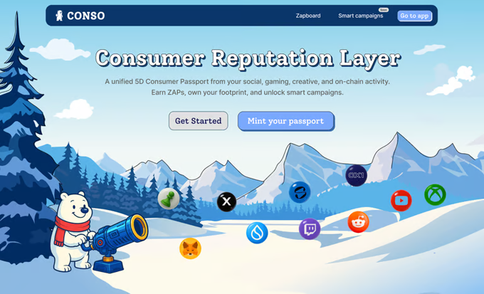 A website landing page titled 'CONSO - Consumer Reputation Layer' features a cartoon bear with a telescope in a snowy mountain landscape, with icons representing various social and digital platforms.