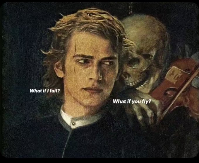 A digital art piece featuring a young man next to a skeleton playing a violin, with text reading 'What if I fail?' and 'What if you fly?'.