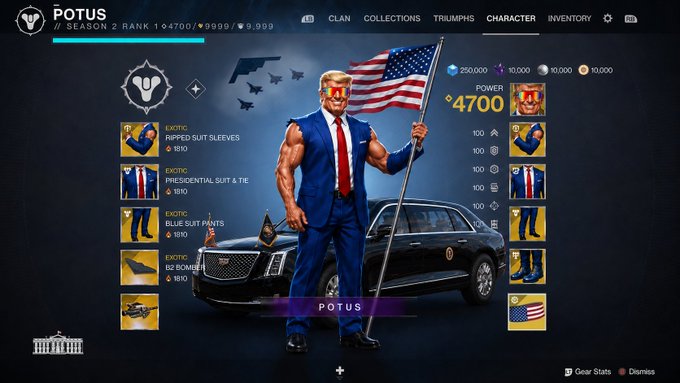 A video game character screen displays a muscular, sunglasses-wearing figure labeled "POTUS" holding an American flag, wearing a ripped suit and presidential tie, with a power level of 4700 and a Season 2 rank of 1,04700. The image ties to the post's meme about the White House "mogging" (looking dominant), playfully linking the $MOG crypto coin to the concept of outshining on the charts.