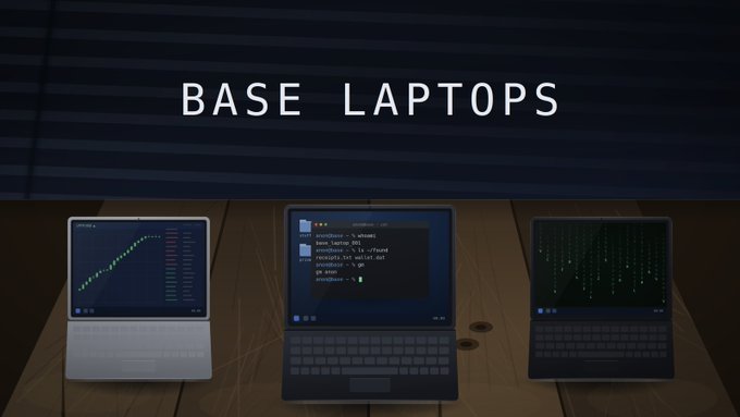 An advertisement or graphic titled 'BASE LAPTOPS' showing three laptops on a wooden surface with different screens displaying charts and code.