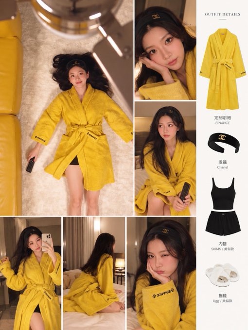 A collage showing a woman wearing a yellow Binance bathrobe, black SKIMS top, black shorts, UGG slippers, and a Chanel headband, with Chinese text and 'OUTFIT DETAILS' labeling each item.