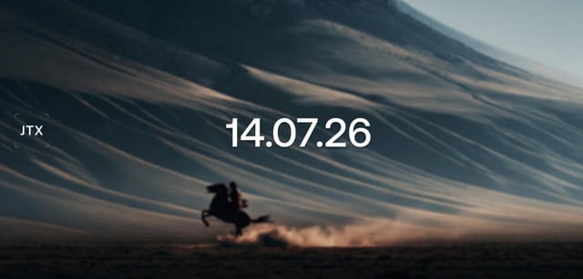 A cinematic image showing a person riding a horse across a dusty landscape at dusk, with the date '14.07.26' and 'JTX' watermark overlaid.
