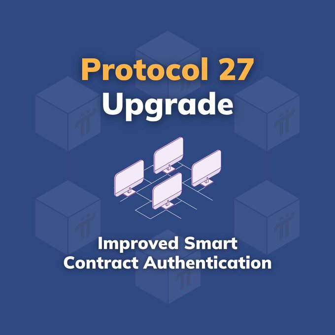 The image announces "Protocol 27 Upgrade" with the subtitle "Improved Smart Contract Authentication," featuring a network illustration of connected computer monitors against a blue background with decorative cubes. It visually promotes the discussion topic about the PCT v27 upgrade, highlighting the key improvement of enhanced smart contract authentication.