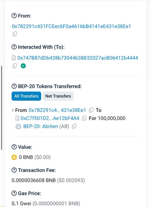 A BscScan transaction record showing a transfer of 100,000,000 BEP-20 Abrlien (AB) tokens from address 0x782291c431FCEec6F0a4616bB4141eE431e38Ee1 to 0x747B87dDb438b73044b38832027acB06412b4444, with a transaction fee of 0.002093 BNB, illustrating one of the large crypto donations referenced in the post about community support totaling nearly $300,000.