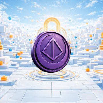The image features a purple coin with an orange triangle symbol on top of it, surrounded by yellow circles. The coin appears to be floating or hovering above a white cityscape composed of numerous cubes arranged in various sizes and shapes. The background of the image is blue sky dotted with clouds. In the corner of the image, there's text that reads "Quests extended! Ends on June 1st at 23:59 UTC Test and earn $HTR Quests.Hathor.Network". This suggests that the coin might be a token or reward for completing certain tasks within the game.