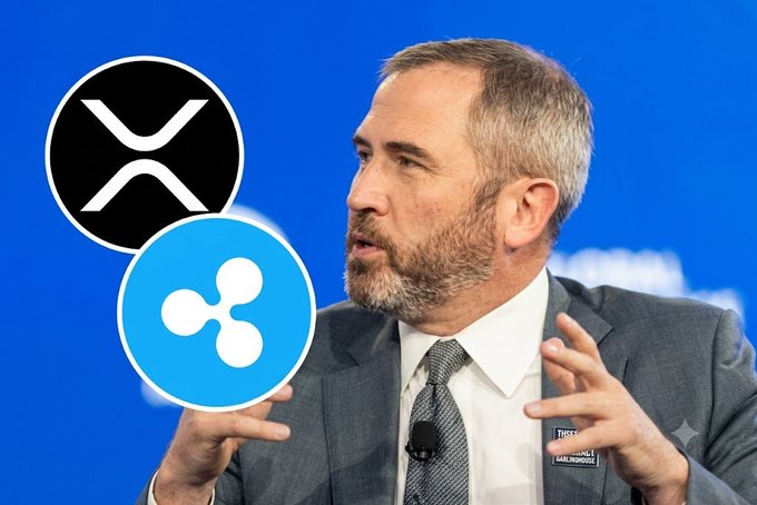 Brad Garlinghouse, Ripple's CEO, is speaking at an event with XRP and Ripple logos overlaid on the image, visually connecting his commentary to Ripple's $100 billion milestone in global payment processing volume.