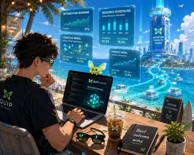 The image features a man sitting at a desk with his laptop open, working on some code or programming tasks. He appears to be focused on his work while wearing glasses and sunglasses for eye protection. The scene takes place outdoors, possibly near a beach, as there are potted plants visible in the background. A cup is also present on the table next to him.

The post that accompanies this image discusses the concept of optimization problems within the context of cryptocurrency. It raises questions about whether wallets will be safe or not and even goes as far as asking if quantum computing could ever win against classical computers. The main focus of the post seems to be on the technical aspects of blockchain technology, rather than the man working at his desk with a laptop.