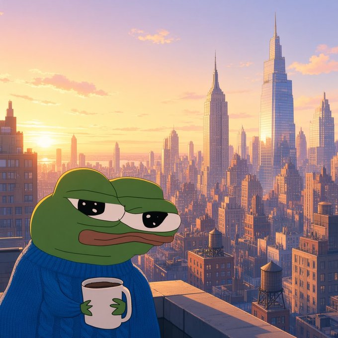 A melancholic Pepe the Frog in a blue sweater holds a coffee mug while gazing out over a sprawling cityscape at sunset, embodying a weary "gm" to fellow bear market participants with a somber, downcast expression.