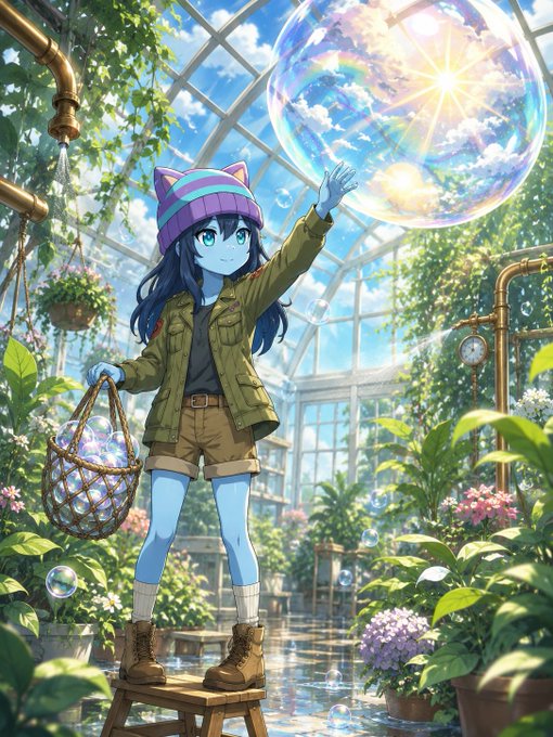 An anime-style illustration of a blue-skinned character with cat ears wearing a striped hat, green jacket, and shorts, standing on a stool in a greenhouse filled with plants, holding a bubble wand while reaching toward a giant iridescent bubble.