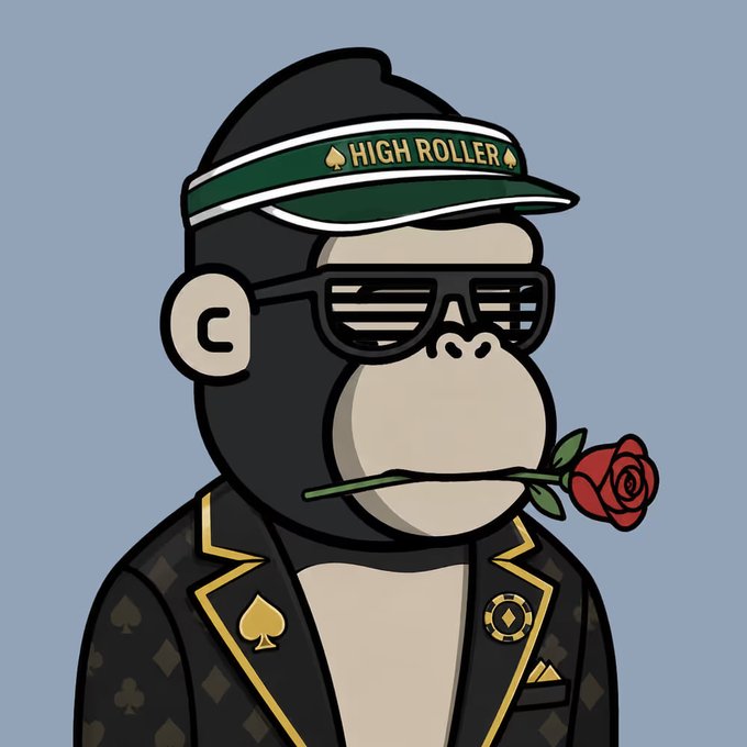A cartoon gorilla wearing sunglasses, a "HIGH ROLLER" visor, and a casino-style suit holds a red rose in its mouth, embodying a stylish Web3 high roller persona that matches the post's hype about BeldexCoin and EthraShip's promising work in the space.