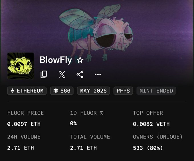 The image shows a purple background with a cartoon fly sitting on top of it, accompanied by text that reads "Blowfly". The text also includes some numbers and symbols related to cryptocurrency trading. In the bottom right corner of the image, there is a description of a free mint offer for a cryptocurrency called Minted.