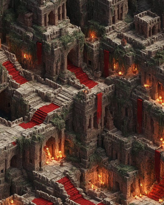 A detailed fantasy illustration depicts an ancient multi-tiered stone temple overgrown with vegetation, featuring red carpets draping down staircases and glowing candles illuminating the chambers.