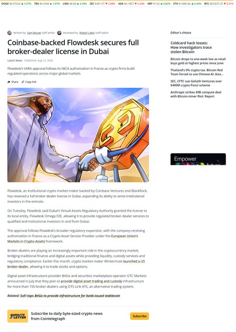 A Cointelegraph news article titled "Coinbase-backed Flowdesk secures full broker-dealer license in Dubai," illustrated with an image of a man in traditional Arab attire holding a Bitcoin shield.