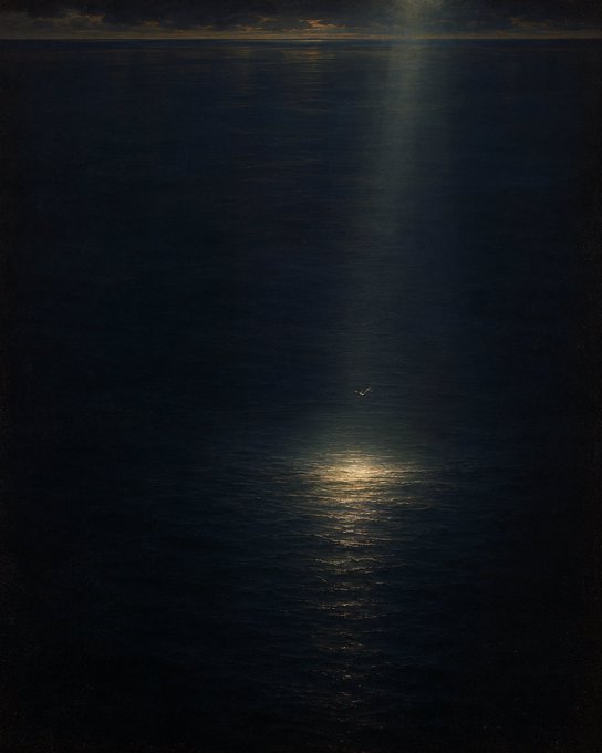 A dark, atmospheric seascape depicts a vast ocean under a night sky, with a faint column of light descending from the clouds to illuminate a small object on the water's surface.