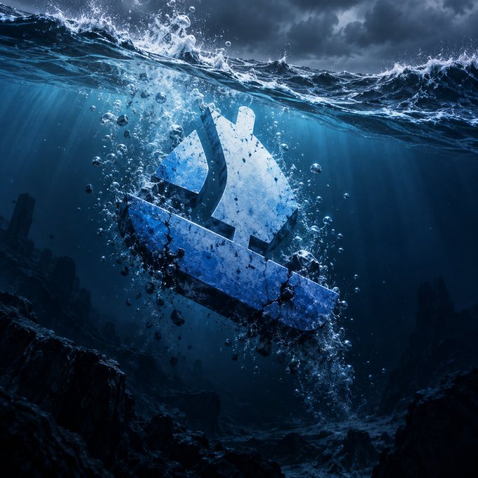 A dramatic image of a large, icy Bitcoin logo sinking underwater amidst rocky seabeds, with light rays piercing through the churning surface above.
