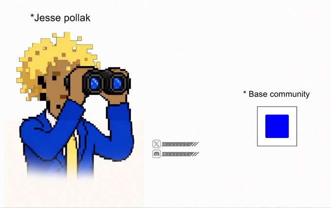 The pixel-art image shows a blonde figure labeled "*Jesse pollak" using binoculars to watch a small blue square labeled "* Base community." It humorously illustrates the post's joke about Jesse Pollak actively monitoring the Base community around the clock.
