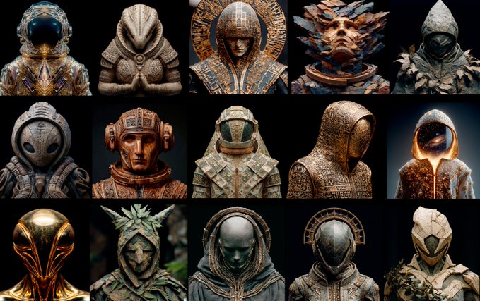 A grid of fifteen digitally generated portraits featuring various characters wearing elaborate, futuristic, or ornate helmets and headgear.