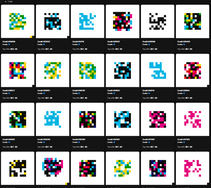 A grid display showing 31 pixel art NFT items from a "CryptoPunks"-style collection, each priced at a uniform "Top offer $67.69," with the caption "last of a dying breed fosho" suggesting the collection is being phased out or sold off.