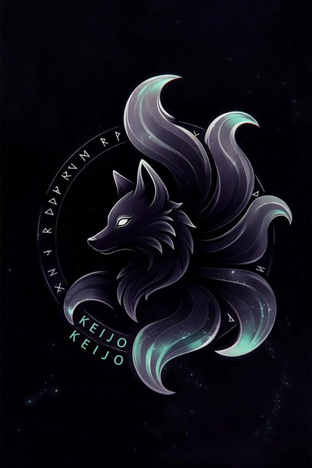 Digital artwork of a mystical dark wolf with flowing nine-tails and glowing teal accents, encircled by runic symbols and labeled 'KEIJO'.